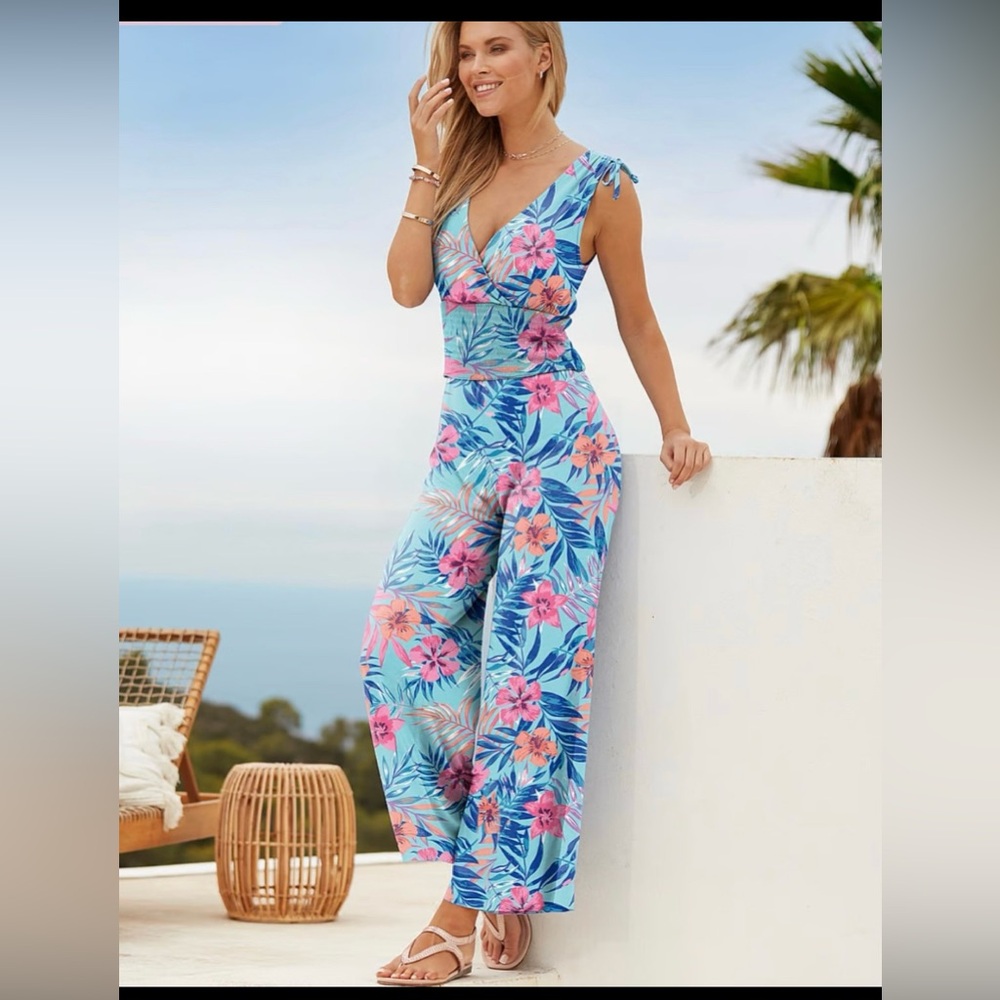 Floral Blue and Pink Jumpsuit - Picture 1 of 5